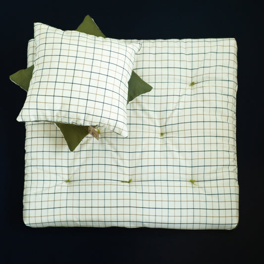 Reversible matching checkered and green pillow and dog bed.